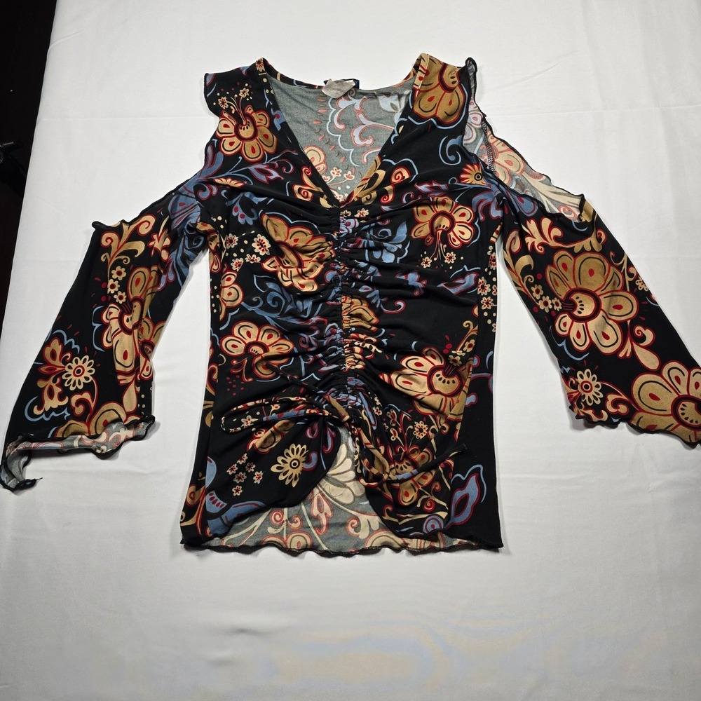Boho Hippie Kudu Women B Floral Paisley Cold Shoulder Top Medium Festival